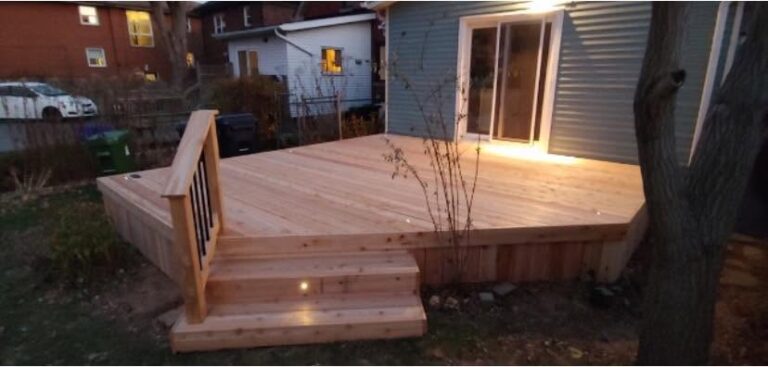Ground-level deck with built-in step lighting